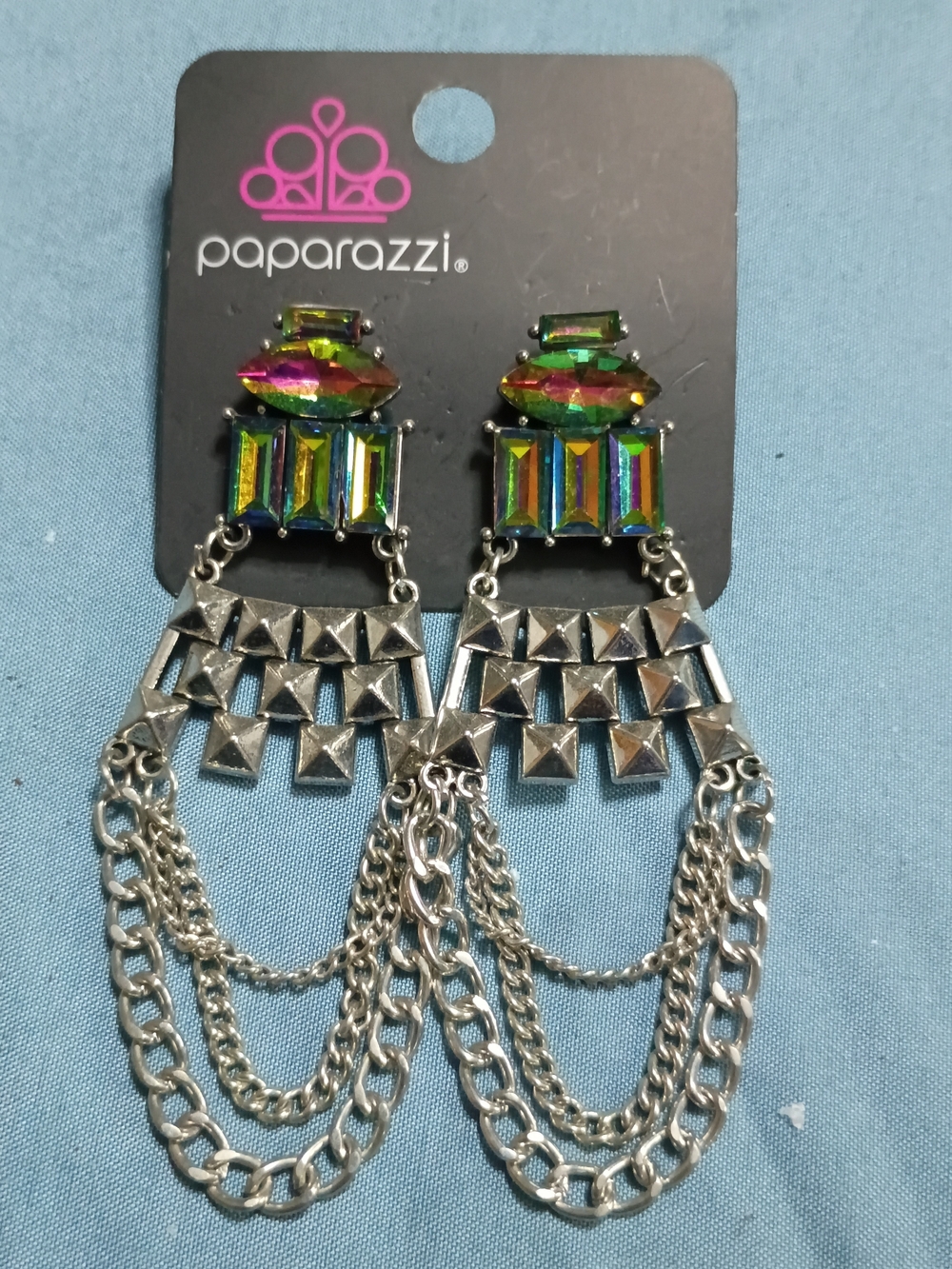 Paparazzi Iridescent Multi-Color Crystal & Silver Pyramid Chain Earrings
